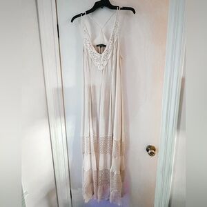 Love Stitch Crochet-Detail Maxi Dress in Soft Beige